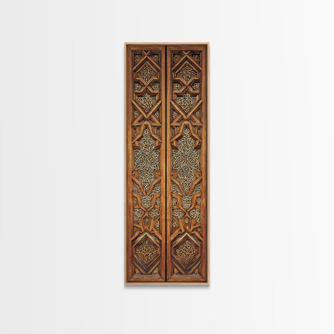 Wood And Gold African Lattice Door Panels Framed Canvas Print, Tribal Wall Decor, African Patterns, Rustic Decor, Statement Piece