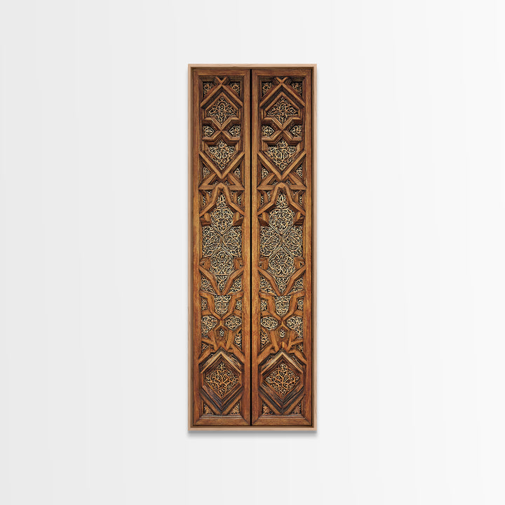 Wood And Gold African Lattice Door Panels Framed Canvas Print, Tribal Wall Decor, African Patterns, Rustic Decor, Statement Piece