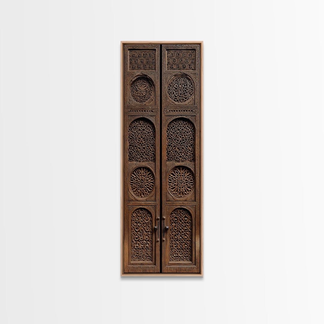 Intricate Antique Wooden Door Canvas Print, Moroccan African Wall Art, Tribal Pattern Decor, Bohemian Home Decor Statement