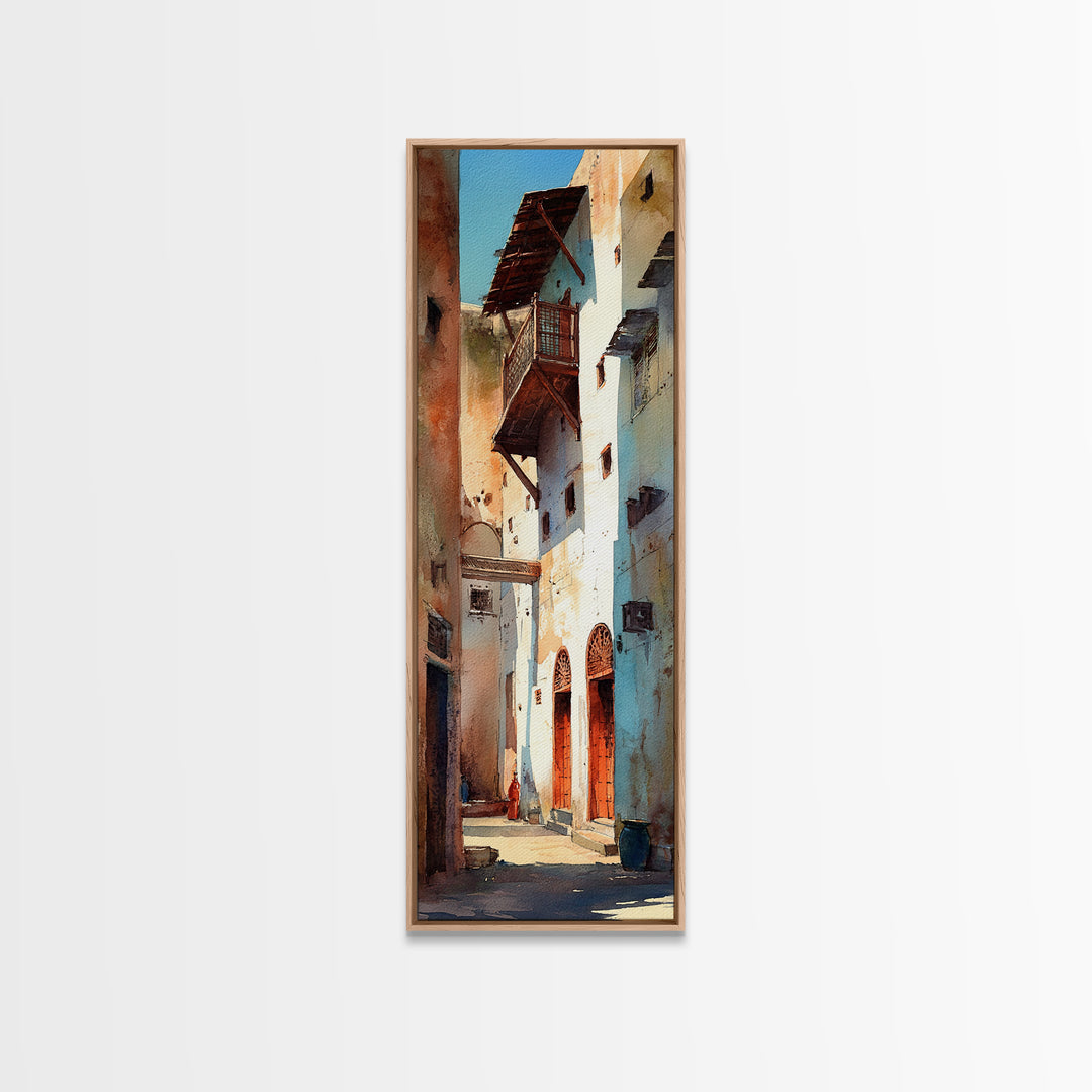 Narrow Old Town Alley Framed Canvas Print, Moroccan Street Wall Art, African Inspired Rustic Decor, Mediterranean Home Gift