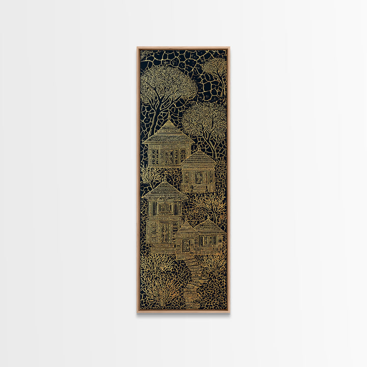 Golden Line Art Village House Canvas Print, African Inspired Black And Gold Wall Art, Boho Tribal Decor, Unique Home Decor