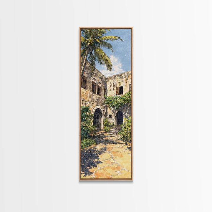 Tropical Ruin Courtyard Wall Art, Zanzibar Palm Architecture Canvas Print, African Travel Decor, Botanical Home Decor Gift