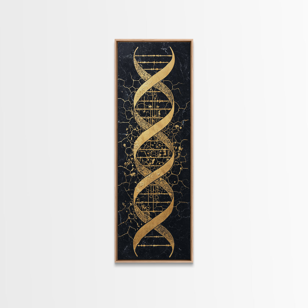 Gold DNA Helix On Black Cracked Background Canvas Print, Science Wall Art, Black And Gold Art, Modern Office Decor Gift For Him