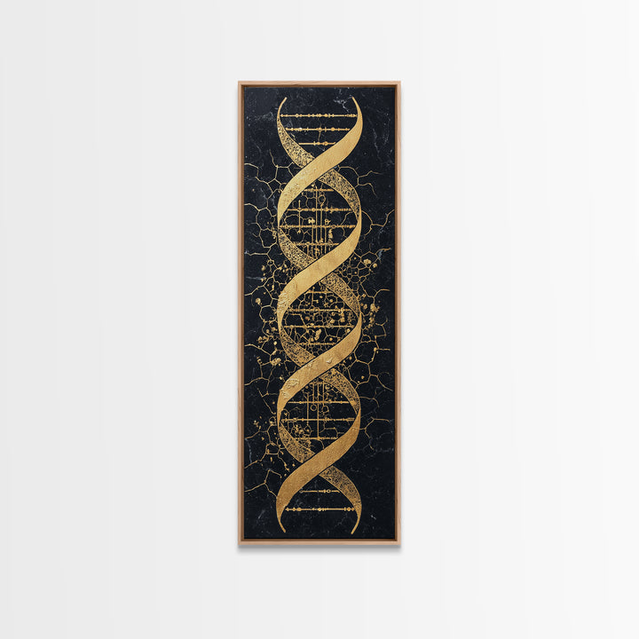Gold DNA Helix On Black Cracked Background Canvas Print, Science Wall Art, Black And Gold Art, Modern Office Decor Gift For Him