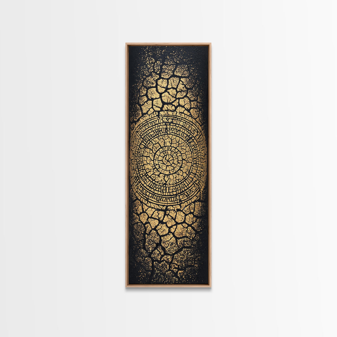 Gold Spiral On Black Cracked Texture Wall Art, African Inspired Abstract Canvas Print, Luxe Tribal Modern Home Decor Gift