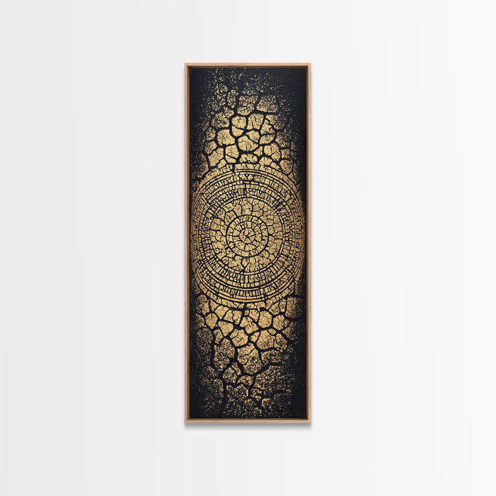 Gold Spiral On Black Cracked Texture Wall Art, African Inspired Abstract Canvas Print, Luxe Tribal Modern Home Decor Gift
