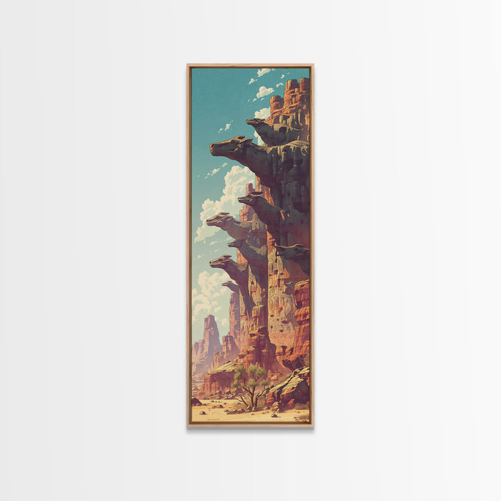 Sunlit Canyon Cliffs With Floating Rock Platforms Wall Art, Fantasy Desert Landscape Canvas Print, Unique Statement Decor