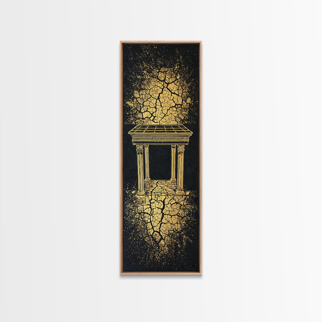 Golden Temple Portal Wall Art, Cracked Black Abstract African Inspired Decor, Ancient Ruins Canvas Print For Elegant Home
