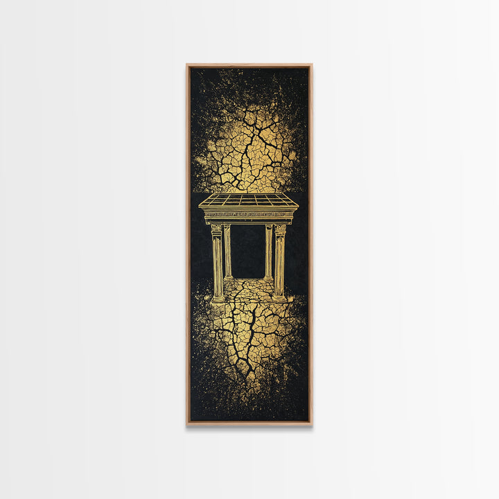 Golden Temple Portal Wall Art, Cracked Black Abstract African Inspired Decor, Ancient Ruins Canvas Print For Elegant Home
