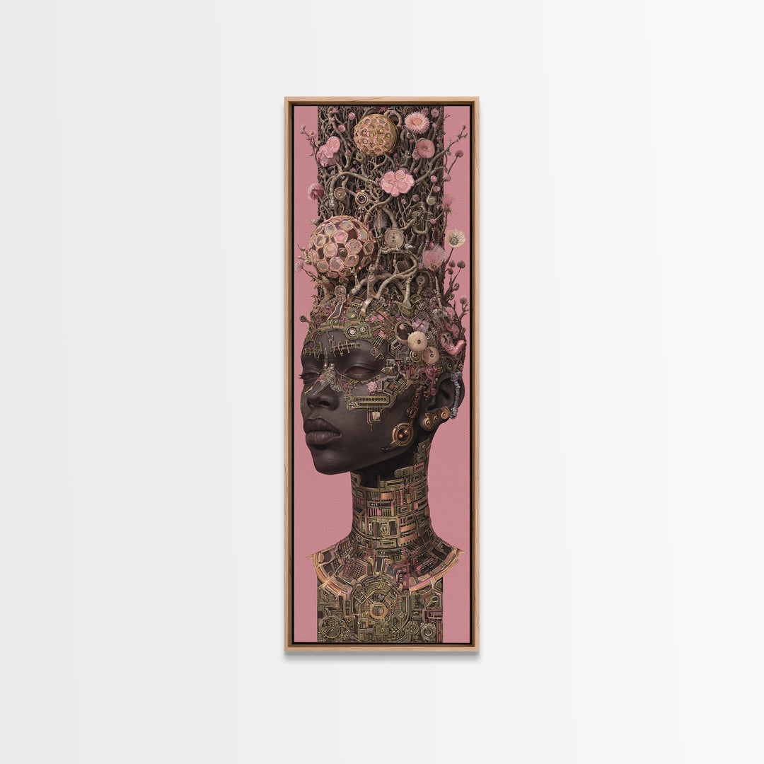Regal Black Woman With Floral Tech Headdress Framed Canvas Print, African Queen Wall Art, Afrocentric Decor Gift For Her