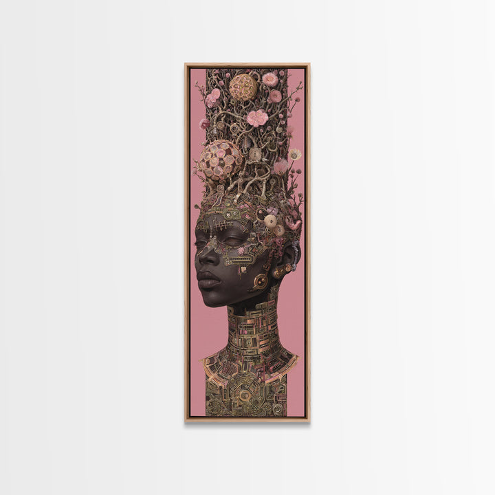Regal Black Woman With Floral Tech Headdress Framed Canvas Print, African Queen Wall Art, Afrocentric Decor Gift For Her