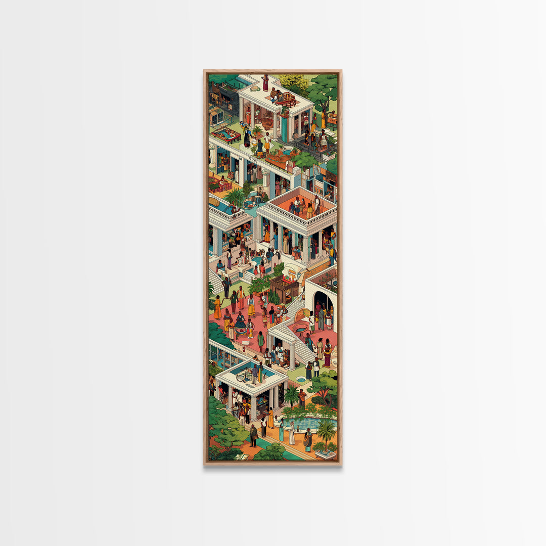Lush African Courtyard Villa Canvas Print, Isometric Garden Party Wall Decor, Elegant Home Art, Modern Cultural Gift For Her