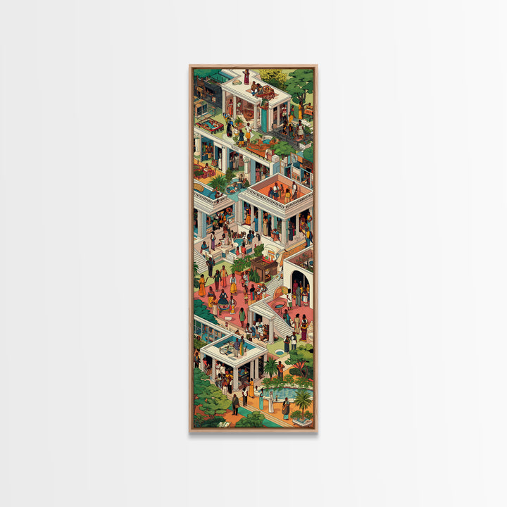 Lush African Courtyard Villa Canvas Print, Isometric Garden Party Wall Decor, Elegant Home Art, Modern Cultural Gift For Her