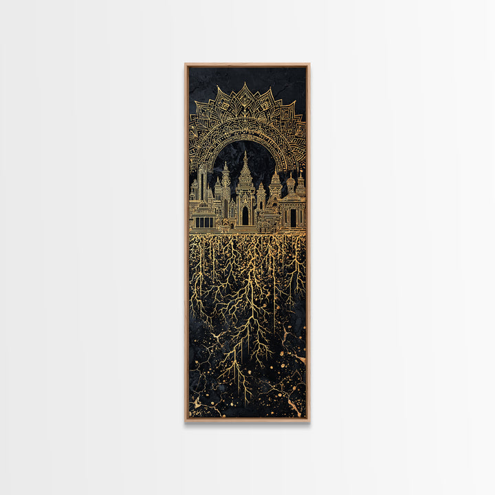 Gold Islamic Arch And Rooted Palace Framed Canvas Print, Black Spiritual Wall Art, Ornate Cultural Decor, Luxury Gift For Home