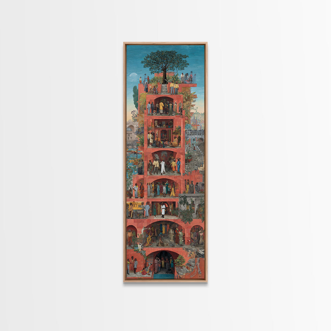 Red Vertical Community Tower Canvas Print, African City Life Wall Art, Tree Rooftop Garden, Cultural Home Decor Gift For Her
