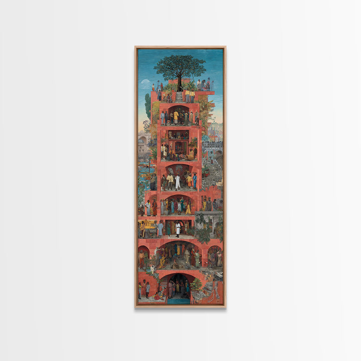 Red Vertical Community Tower Canvas Print, African City Life Wall Art, Tree Rooftop Garden, Cultural Home Decor Gift For Her
