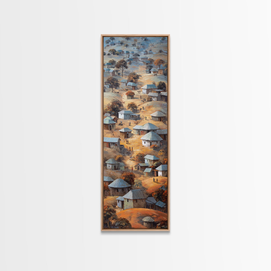 Round Hut African Village Wall Art, Aerial Tribal Landscape Painting, Earth Tone Canvas, Authentic Africa Home Decor, Gift