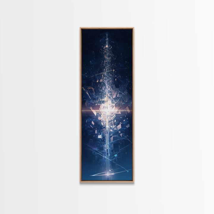 Futuristic Blue Light Tower In Dark Digital City, Canvas Print, Modern Abstract Wall Art, Afrofuturism Office Decor Gift