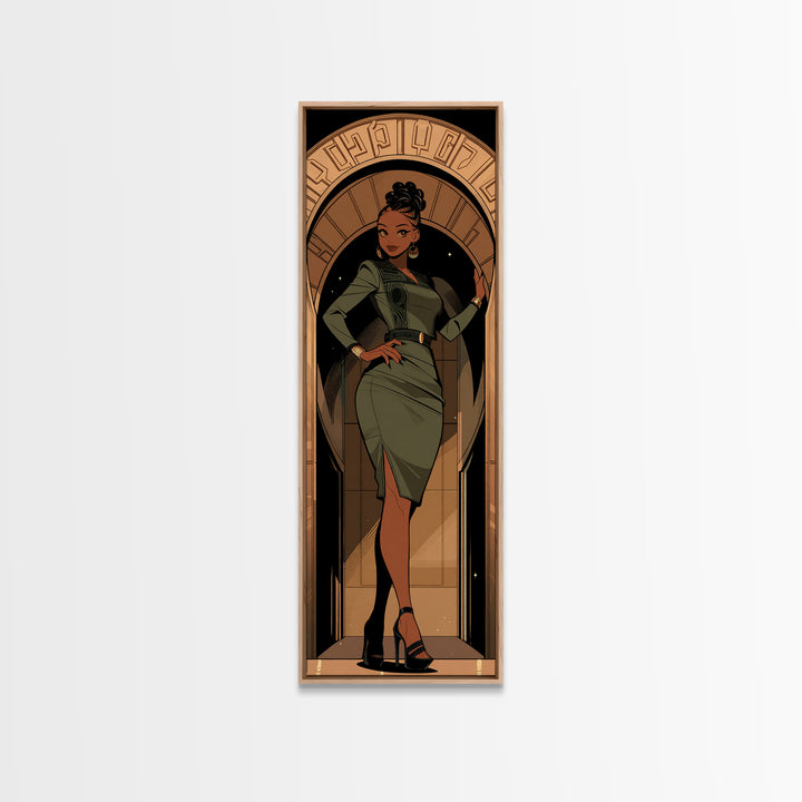 Elegant Black Woman In Green Dress Framed Canvas Print, Afrocentric Wall Art, Fashion Portrait, Black Beauty Home Decor, Gift