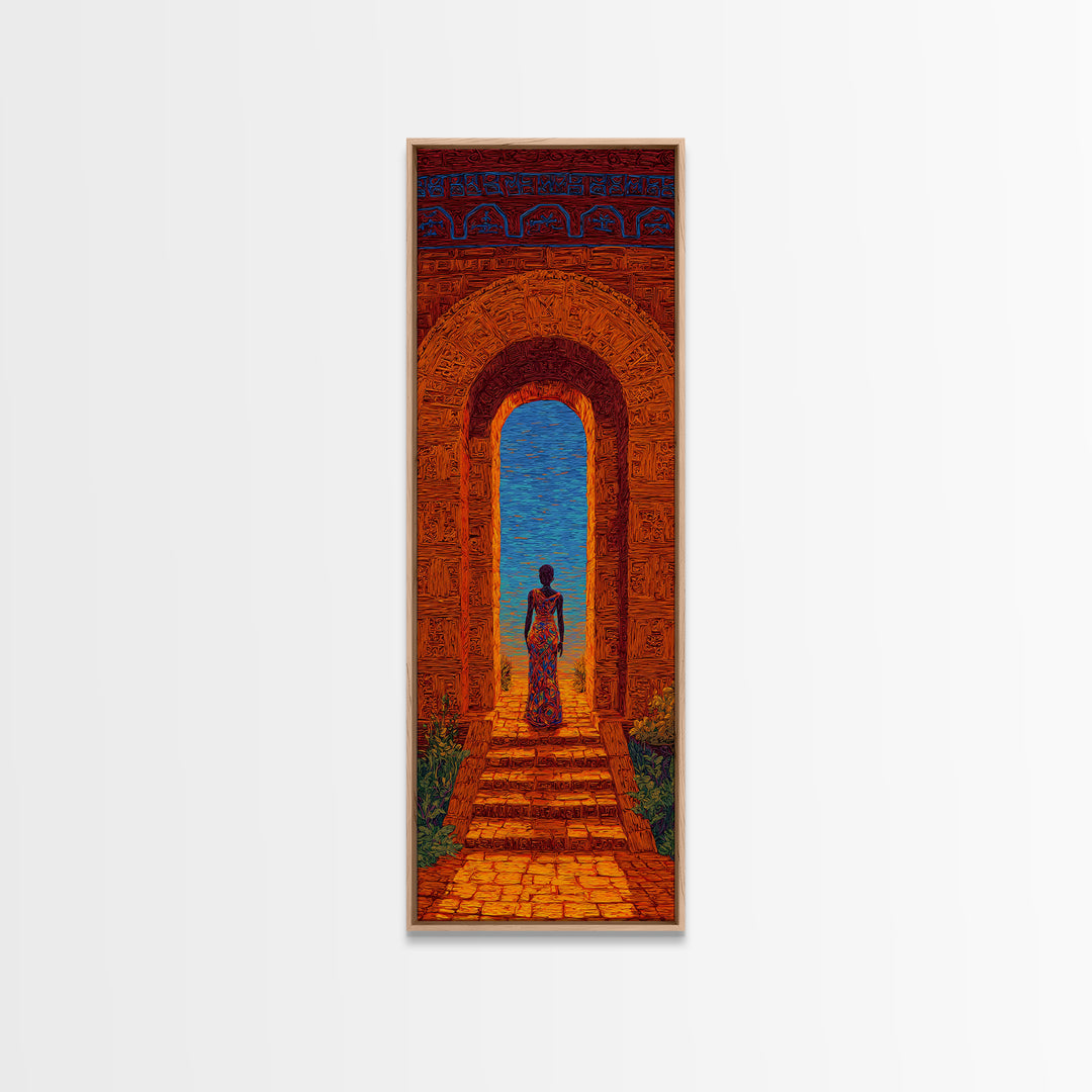 African Woman In Ornate Arch Wall Art, Blue Sea Doorway Painting, Afrocentric Decor, Cultural Travel Canvas Print Gift Idea