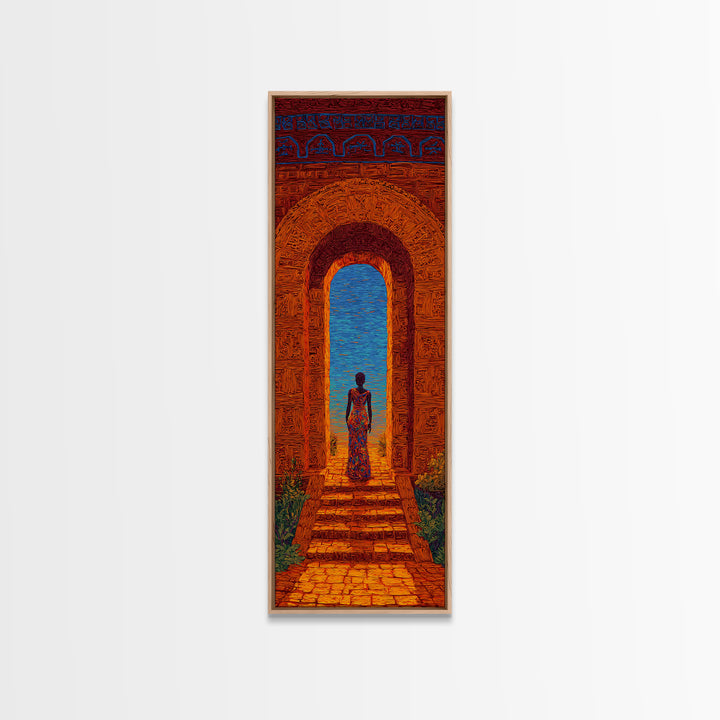 African Woman In Ornate Arch Wall Art, Blue Sea Doorway Painting, Afrocentric Decor, Cultural Travel Canvas Print Gift Idea