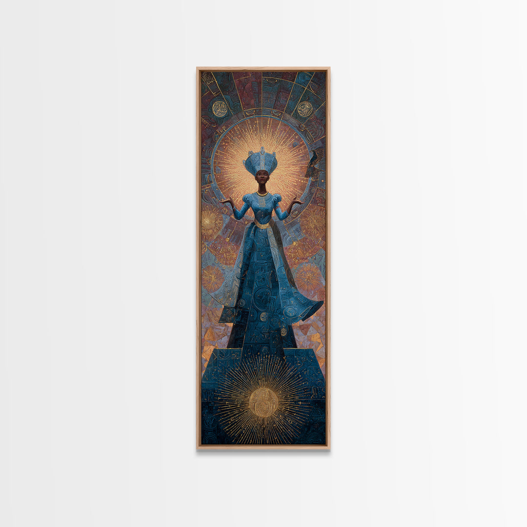 Blue African Goddess With Crown And Radiant Halo Framed Canvas Print, Black Queen Portrait, Afrocentric Luxury Wall Decor