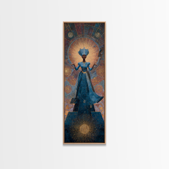 Blue African Goddess With Crown And Radiant Halo Framed Canvas Print, Black Queen Portrait, Afrocentric Luxury Wall Decor