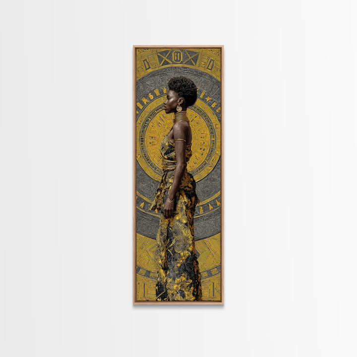 Elegant Black Woman In Gold Dress Canvas Print, African Portrait Wall Art, Afrocentric Fashion Decor, Modern Cultural Gift