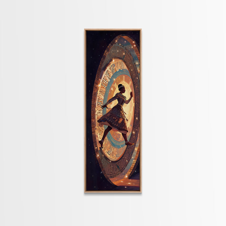 Afro Girl Running Through Cosmic Portal Wall Art, African Inspired Fantasy Scene, Black Girl Magic Decor, Dreamy Canvas Gift