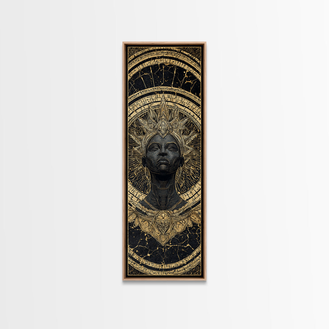 Ancient Black Queen With Golden Crown Framed Canvas Print, African Mask Inspired Portrait, Afrocentric Luxury Wall Decor