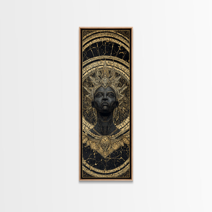 Ancient Black Queen With Golden Crown Framed Canvas Print, African Mask Inspired Portrait, Afrocentric Luxury Wall Decor