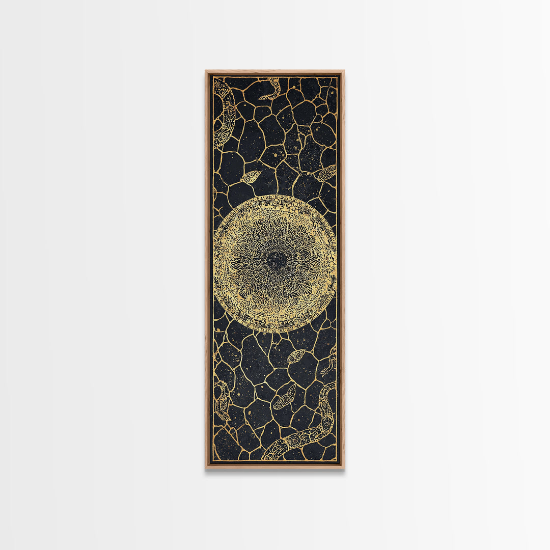 Golden Celestial Sun Orb On Black Stone Wall Art, African Abstract Pattern, Spiritual Minimalist Decor, Luxury Canvas Gift