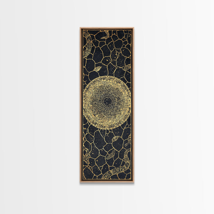 Golden Celestial Sun Orb On Black Stone Wall Art, African Abstract Pattern, Spiritual Minimalist Decor, Luxury Canvas Gift