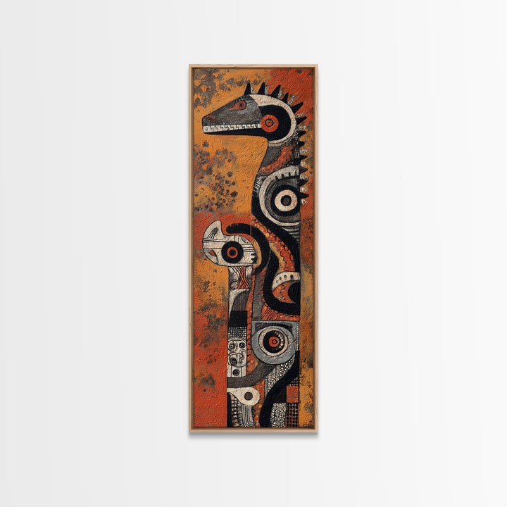Textured African Totem Horse Framed Canvas Print, Tribal Mask Wall Art, Orange Black Decor, Cultural Statement Artwork Gift
