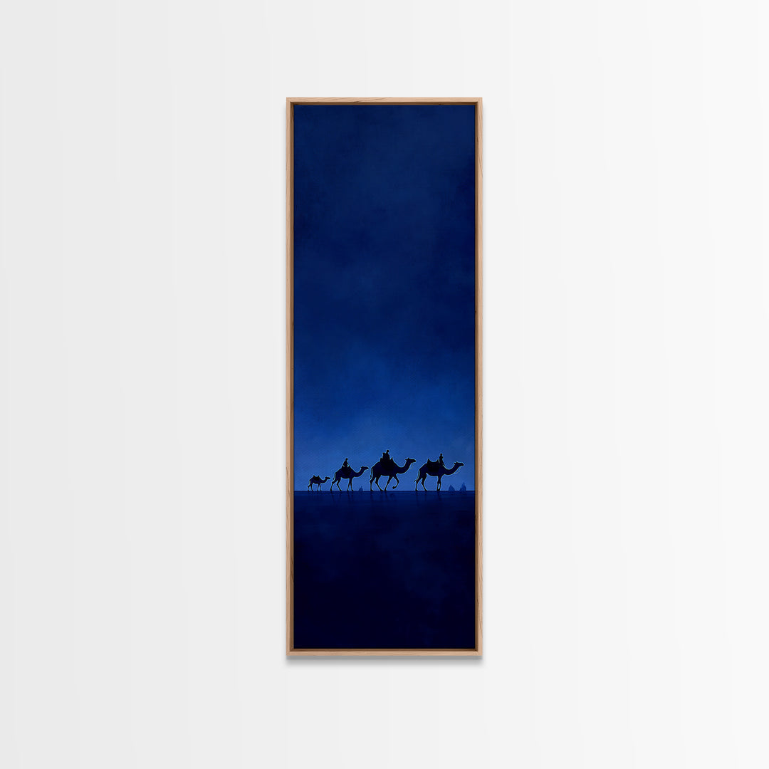 Minimal Blue Camel Caravan Wall Art, African Desert Landscape Print, Safari Decor, Boho Travel Canvas For Calm Living Room