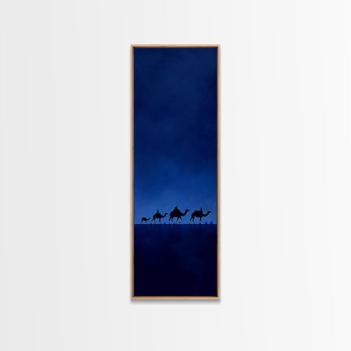 Minimal Blue Camel Caravan Wall Art, African Desert Landscape Print, Safari Decor, Boho Travel Canvas For Calm Living Room