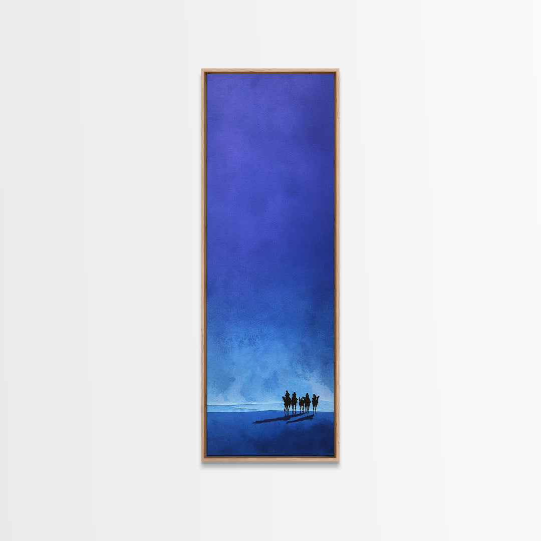 Blue Minimal Camel Riders Canvas Print, African Travel Wall Art, Sahara Desert Decor, Modern Safari Artwork For Peaceful Home