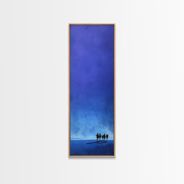 Blue Minimal Camel Riders Canvas Print, African Travel Wall Art, Sahara Desert Decor, Modern Safari Artwork For Peaceful Home