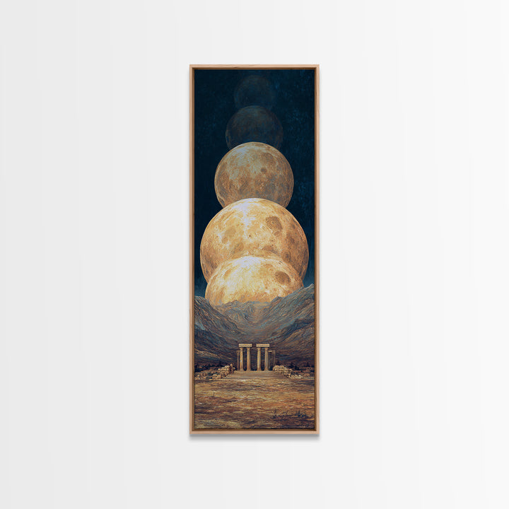 Stacked Golden Moons Over Desert Temple Wall Art, African Inspired Celestial Landscape, Luxury Canvas Decor, Mystical Home Gift