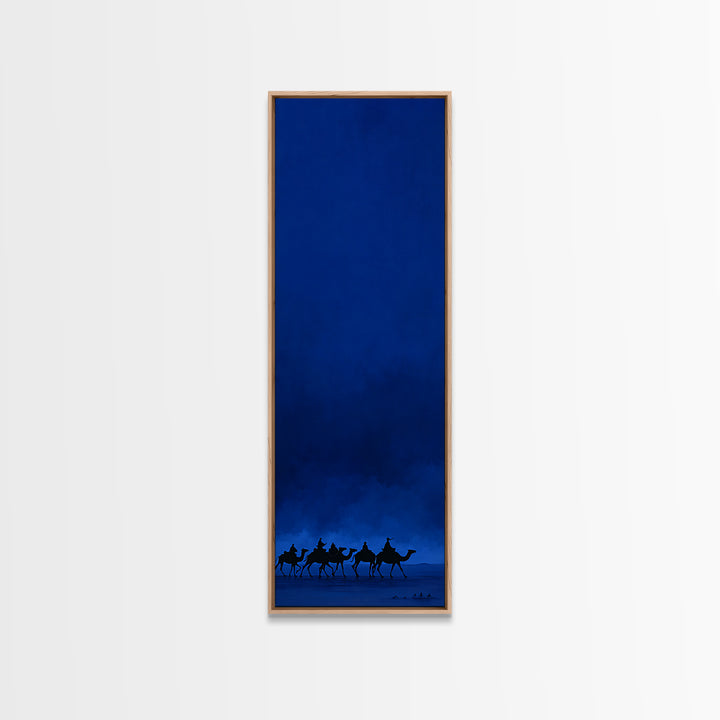 Midnight Blue Camel Caravan Wall Art, African Desert Landscape Print, Minimal Safari Decor, Large Canvas For Modern Home