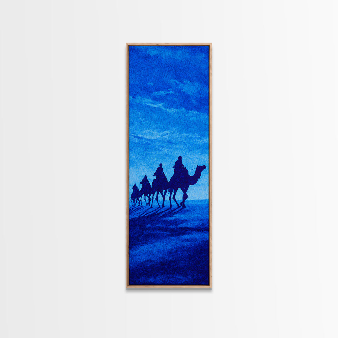 Bright Blue Camel Caravan Canvas Print, African Travel Wall Art, Sahara Desert Decor, Minimal Safari Artwork For Serene Home