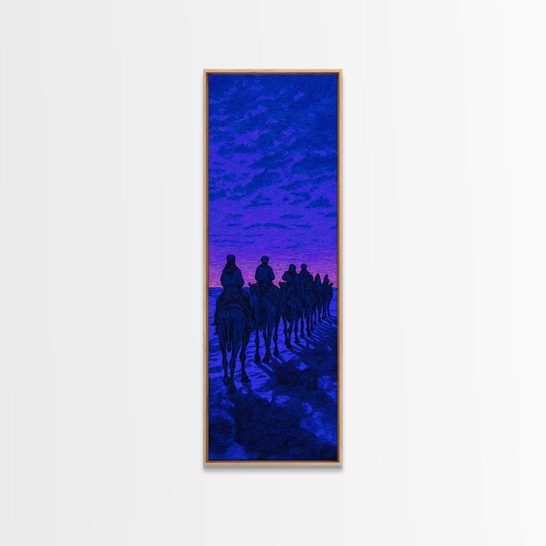 Blue Purple Desert Camel Caravan Wall Art, African Safari Art, Nomad Landscape, Boho Living Room Decor, Statement Canvas Print