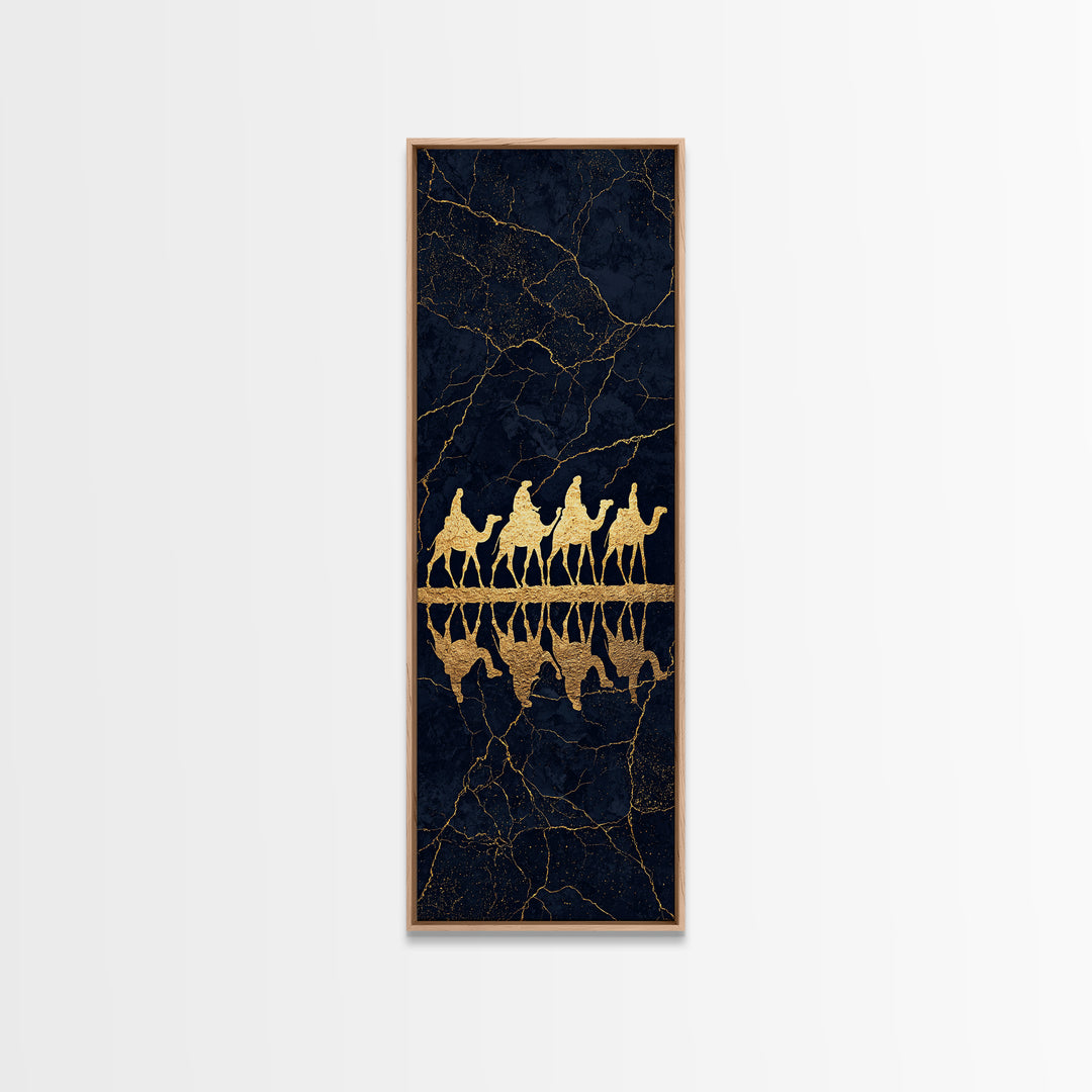 Gold Camel Caravan Framed Canvas Print, Black Marble African Safari Art, Luxury Wall Decor, Boho Desert Travel Artwork Gift