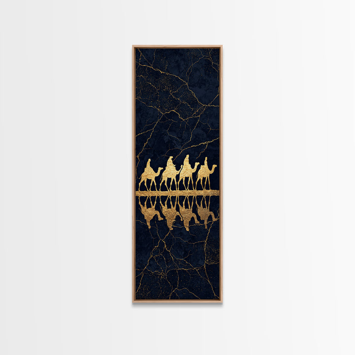 Gold Camel Caravan Framed Canvas Print, Black Marble African Safari Art, Luxury Wall Decor, Boho Desert Travel Artwork Gift