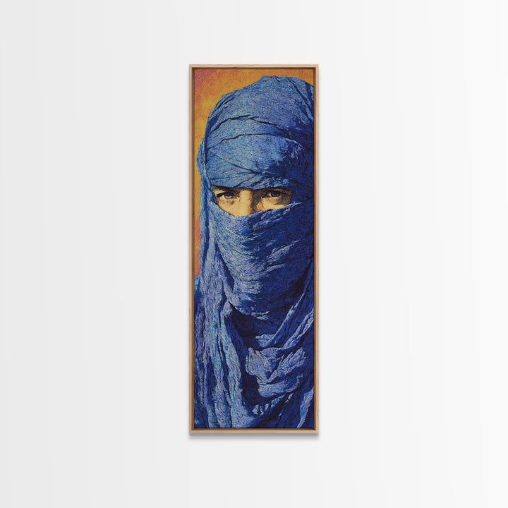 Blue Veiled Desert Man Wall Art, African Portrait Canvas Print, Tuareg Nomad Artwork, Bold Orange Cultural Home Decor Gift