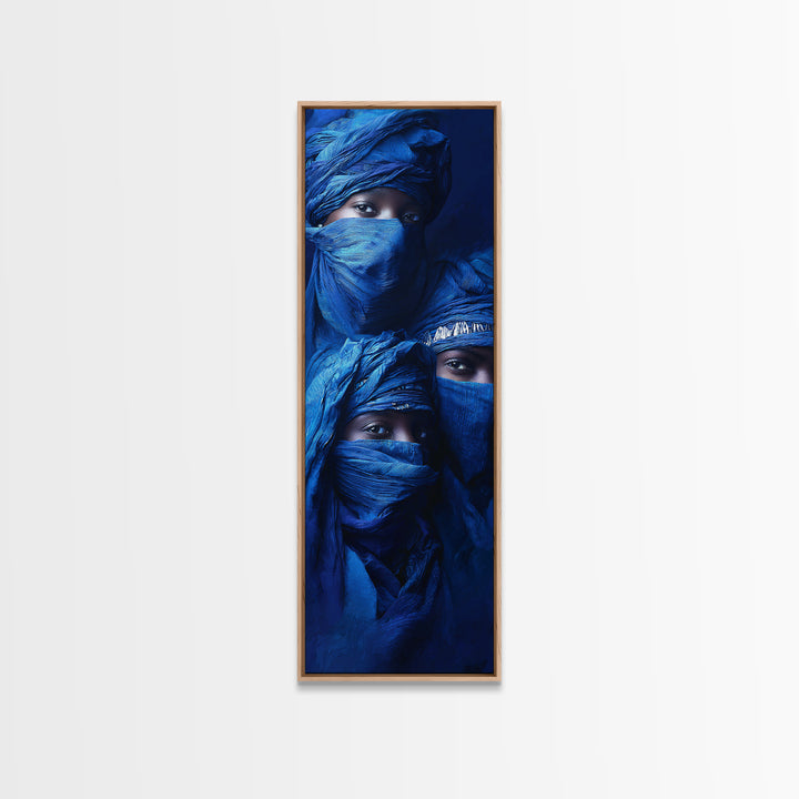 Three Blue Veiled Nomads Framed Canvas Print, African Portrait Art, Tuareg Portrait Wall Art, Indigo Afrocentric Decor Gift