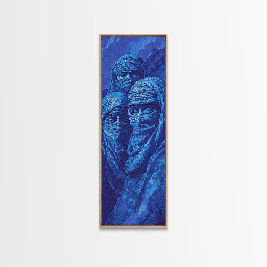 Mystic Blue Veiled Trio Canvas Print, Abstract African Portrait Wall Art, Tuareg Nomad Decor, Spiritual Indigo Artwork Gift