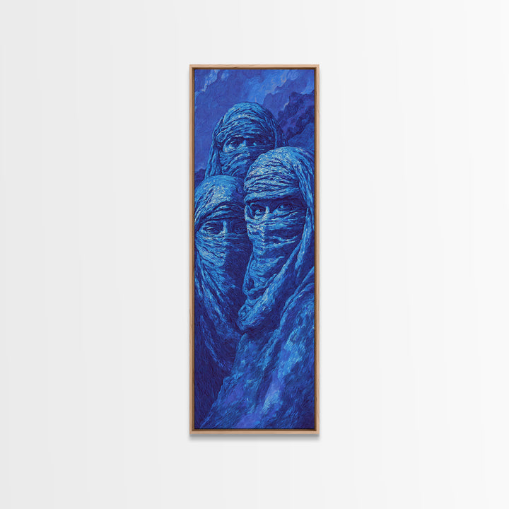 Mystic Blue Veiled Trio Canvas Print, Abstract African Portrait Wall Art, Tuareg Nomad Decor, Spiritual Indigo Artwork Gift