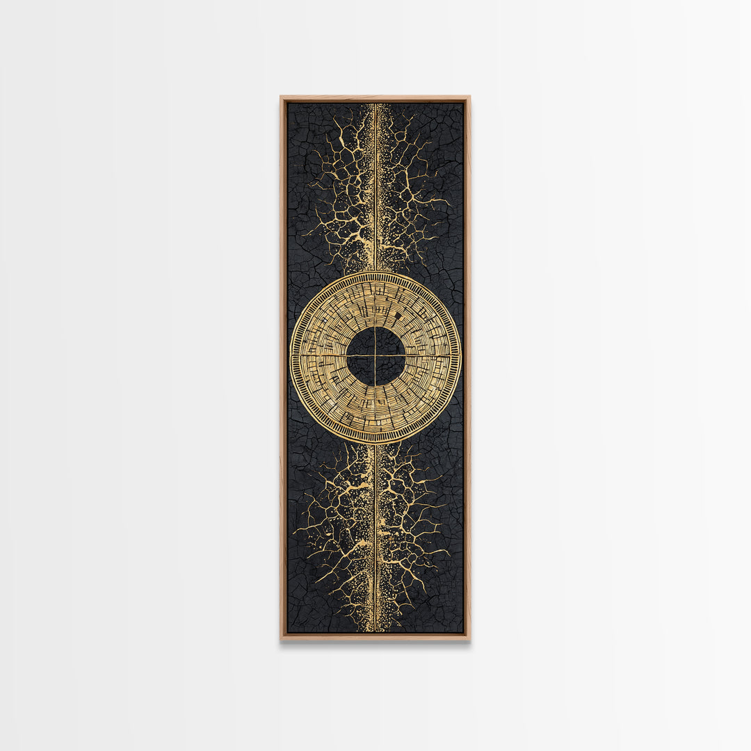 Gold Tribal Sun Disc On Cracked Black Texture Wall Art, African Abstract Decor, Modern Afrocentric Canvas, Statement Home Decor