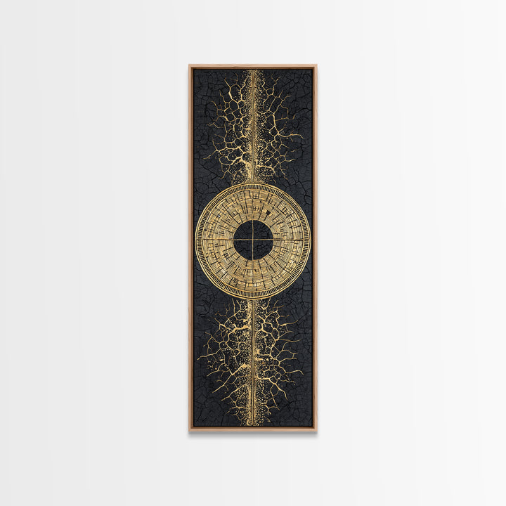 Gold Tribal Sun Disc On Cracked Black Texture Wall Art, African Abstract Decor, Modern Afrocentric Canvas, Statement Home Decor